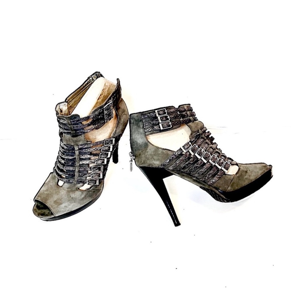 Calvin Klein Faux Snake Skin & Grey Suede Strappy Peep-Toe Stiletto